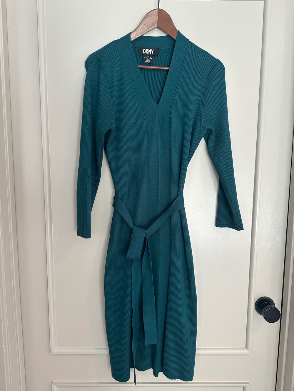 DKNY Teal Ribbed V-Neck Belted Midi Dress